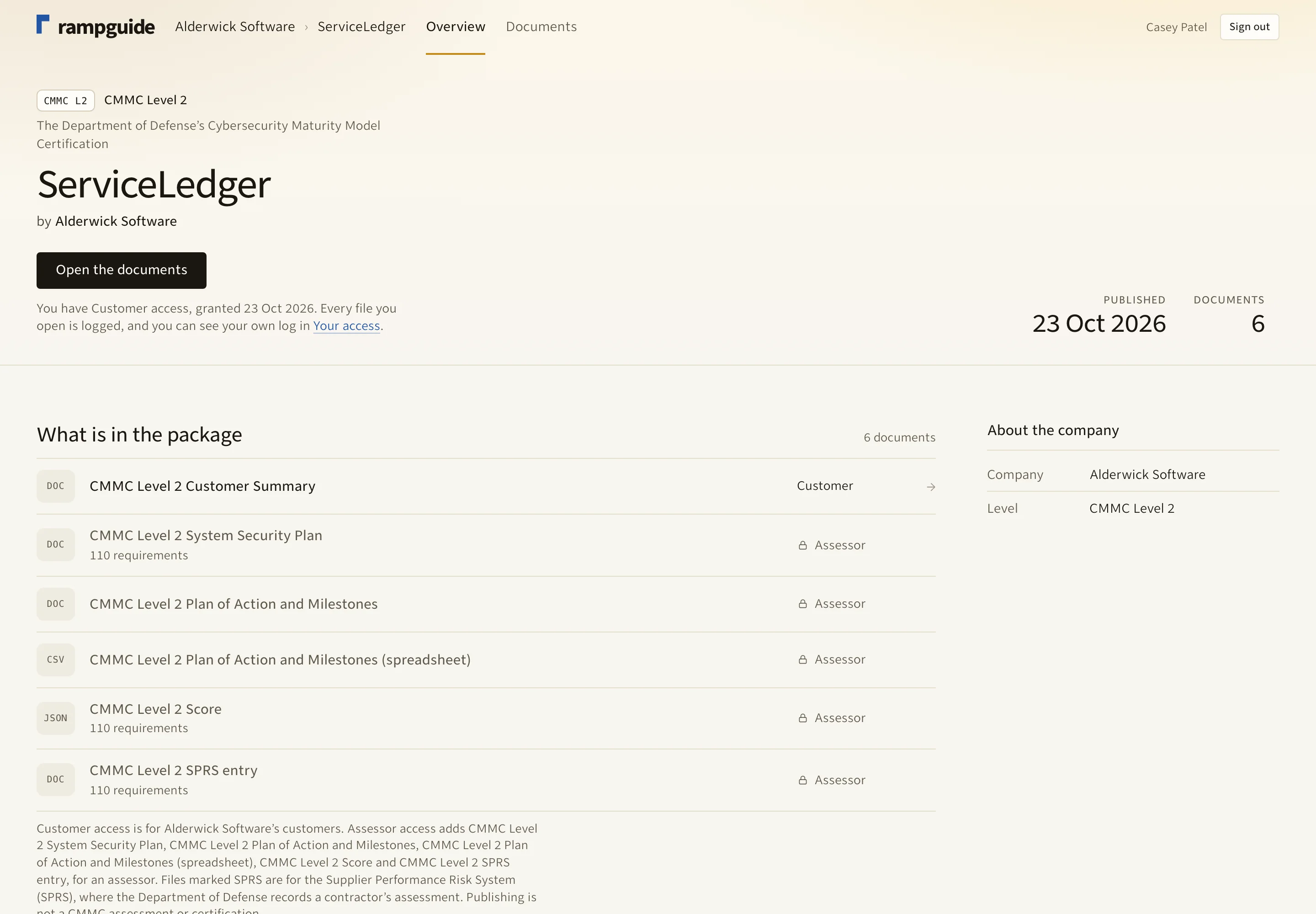 Customer view of the published package, with one document open to customers and the rest kept for assessors